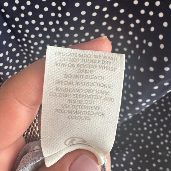 Boden Camille Polka Dot Midi Dress Navy Blue Tie Waist Slit Back Zip Sz 12 - Picture 12 of 14